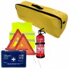Set pachet prim ajutor auto Cridem, trusa sanitara, stingator 1kg, triunghi presemnalizare 2buc, vesta reflectorizanta, geanta organizatoare Galben