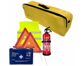 Set pachet prim ajutor auto Cridem, trusa sanitara, stingator 1kg, triunghi presemnalizare 2buc, vesta reflectorizanta, geanta organizatoare Galben