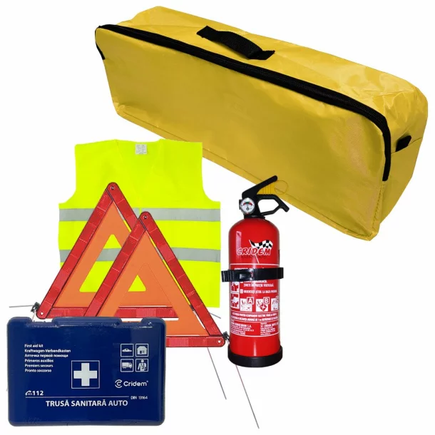 Set pachet prim ajutor auto Cridem, trusa sanitara, stingator 1kg, triunghi presemnalizare 2buc, vesta reflectorizanta, geanta organizatoare Galben