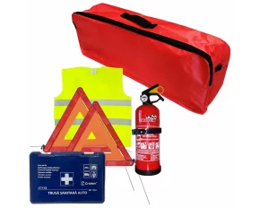 Set pachet prim ajutor auto Cridem, trusa sanitara, stingator 1kg, triunghi presemnalizare 2buc, vesta reflectorizanta, geanta organizatoare Rosu
