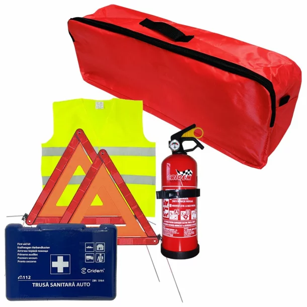 Set pachet prim ajutor auto Cridem, trusa sanitara, stingator 1kg, triunghi presemnalizare 2buc, vesta reflectorizanta, geanta organizatoare Rosu