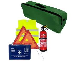 Set pachet prim ajutor auto Cridem, trusa sanitara, stingator 1kg, triunghi presemnalizare 2buc, vesta reflectorizanta, geanta organizatoare Verde