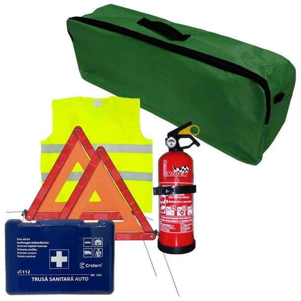 Set pachet prim ajutor auto Cridem, trusa sanitara, stingator 1kg, triunghi presemnalizare 2buc, vesta reflectorizanta, geanta organizatoare Verde
