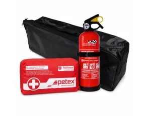 Set pachet prim ajutor auto, borseta sanitara si stingator cu pulbere 1kg Cridem, geanta organizatoare Negru