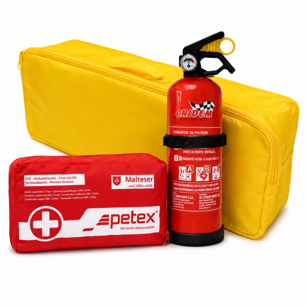 Set pachet prim ajutor auto, borseta sanitara si stingator cu pulbere 1kg Cridem, geanta organizatoare Galben