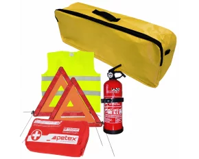 Set pachet prim ajutor auto Cridem, borseta sanitara, stingator 1kg, triunghi presemnalizare 2buc, vesta reflectorizanta, geanta organizatoare Galben