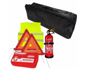 Set pachet prim ajutor auto Cridem, borseta sanitara, stingator 1kg, triunghi presemnalizare 2buc, vesta reflectorizanta, geanta organizatoare Negru