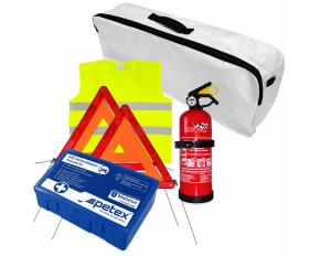 First aid package for car, extinguisher, first aid kit PET, 2pcs warning triangle, warning waistcoat, trunk organizer White