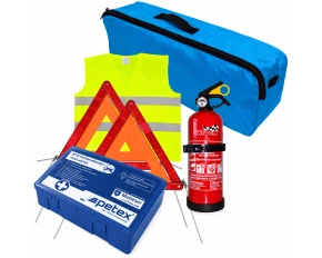 First aid package for car, extinguisher, first aid kit PET, 2pcs warning triangle, warning waistcoat, trunk organizer Blue