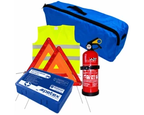First aid package for car, extinguisher, first aid kit PET, 2pcs warning triangle, warning waistcoat, trunk organizer Navy blue