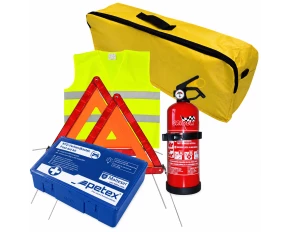 First aid package for car, extinguisher, first aid kit PET, 2pcs warning triangle, warning waistcoat, trunk organizer Yellow