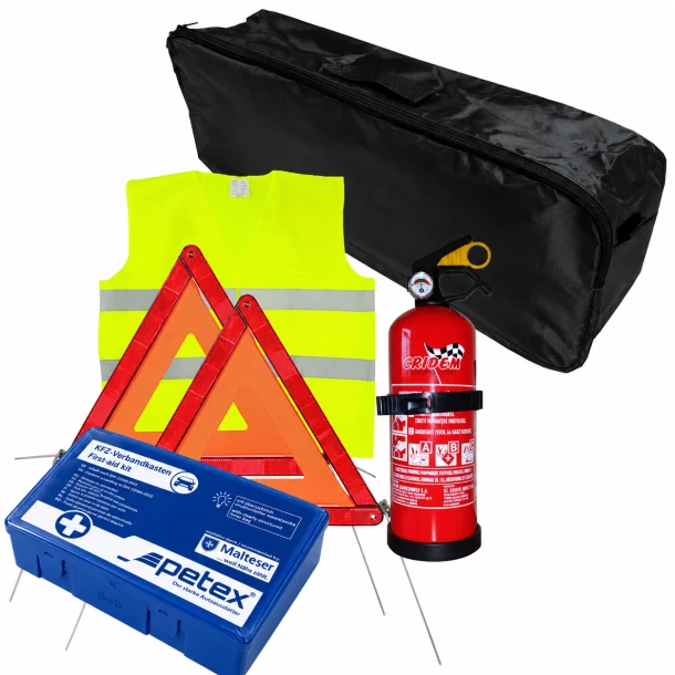 Set pachet prim ajutor auto, trusa sanitara PET, stingator 1kg Cridem, triunghi presemnalizare 2buc, vesta reflectorizanta, geanta organizatoare Negru