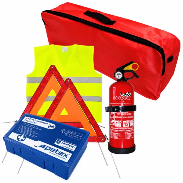 First aid package for car, extinguisher, first aid kit PET, 2pcs warning triangle, warning waistcoat, trunk organizer Red