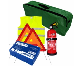 First aid package for car, extinguisher, first aid kit PET, 2pcs warning triangle, warning waistcoat, trunk organizer Green