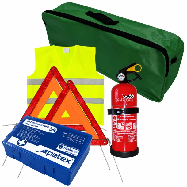 First aid package for car, extinguisher, first aid kit PET, 2pcs warning triangle, warning waistcoat, trunk organizer Green