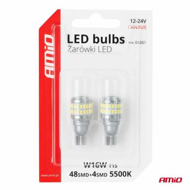 LED Bulbs 48SMD 3014 and 4SMD 3030, 12/24V Reversing, Auxiliary, T15 W16W CANBUS 2pcs - White