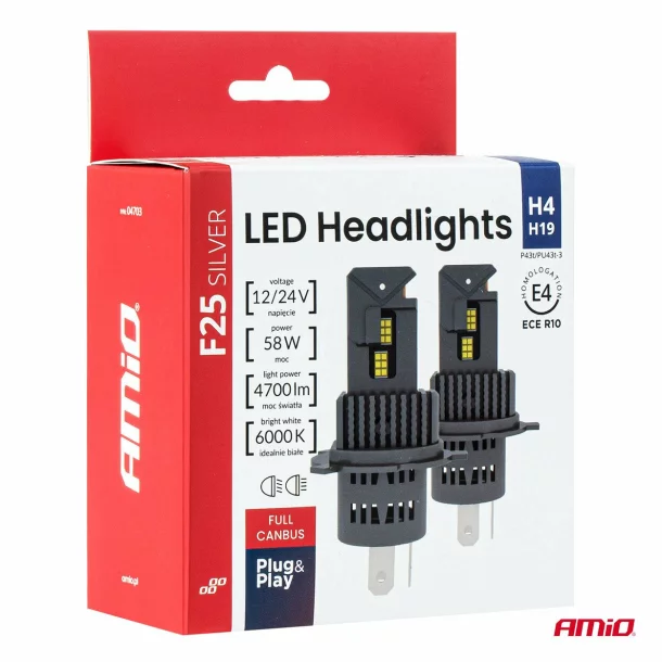 Bec Led F25 Silver Canbus, H4-H19 - P43t / PU43t-3, 54/58W, 12V/24V - 2buc