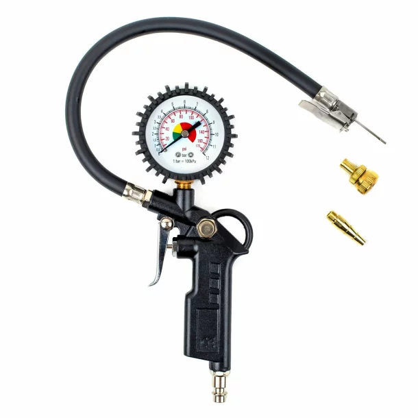 Set pneumatic pentru umflat anvelope si suflat aer, cu manometru si furtun spiralat 5 m, Amio - 6 piese