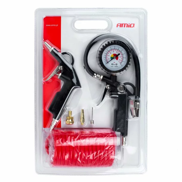 Set pneumatic pentru umflat anvelope si suflat aer, cu manometru si furtun spiralat 5 m, Amio - 6 piese