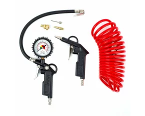 Set pneumatic pentru umflat anvelope si suflat aer, cu manometru si furtun spiralat 5 m, Amio - 6 piese