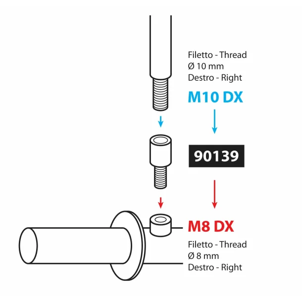 Mirror adapter - Thread Ø 10 mm right &gt; Ø 8 mm right