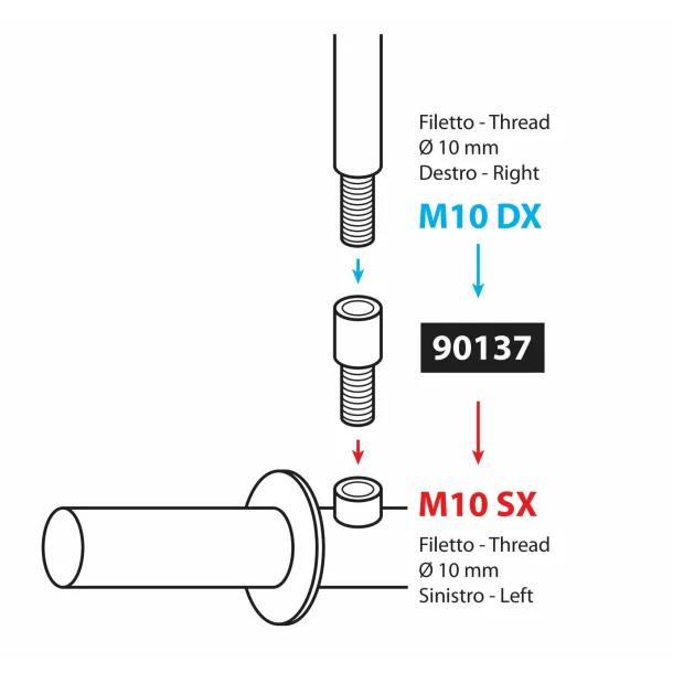 Mirror adapter - Thread Ø 10 mm right &gt; Ø 10 mm left