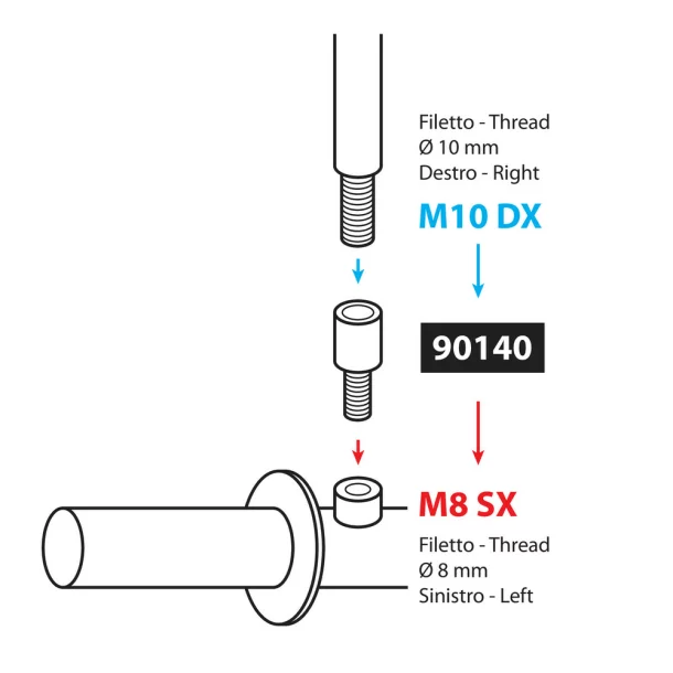 Mirror adapter - Thread Ø 10 mm right &gt; Ø 8 mm left