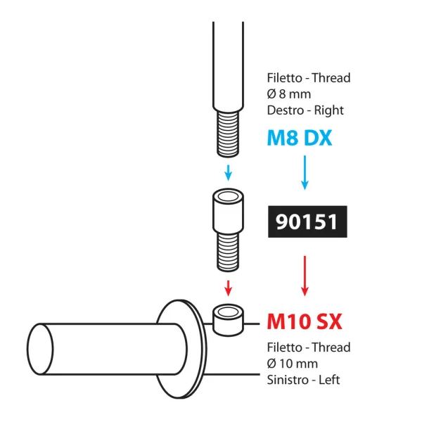 Mirror adapter - Thread Ø 8 mm right &gt; Ø 10 mm left