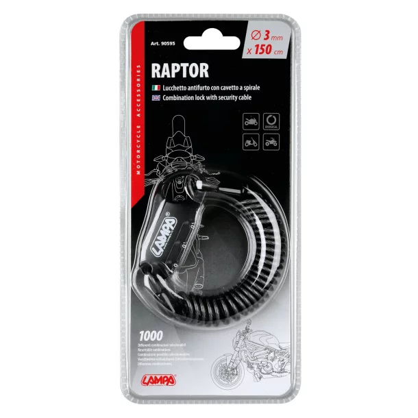 Antifurt cablu spiralat cu cifru Raptor - 150cm