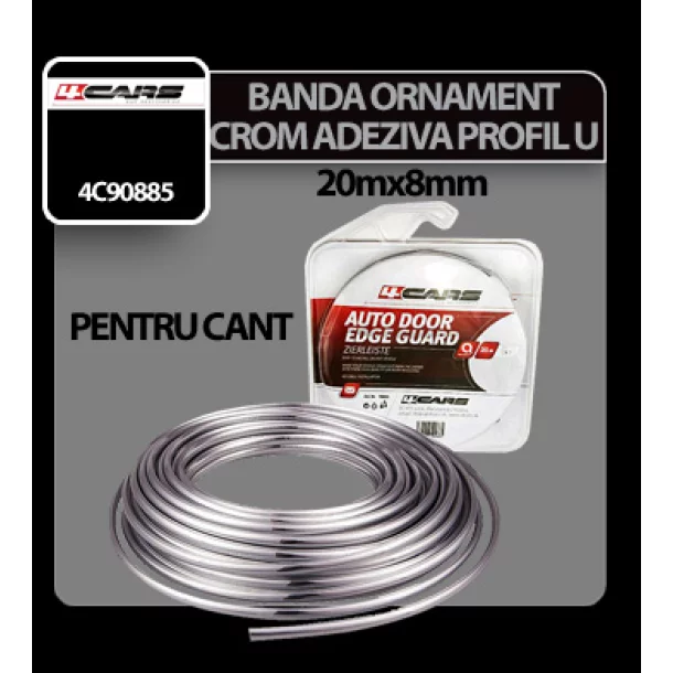 Banda ornament crom adeziva profil U 4Cars - 20m x 8mm-Resigilat,