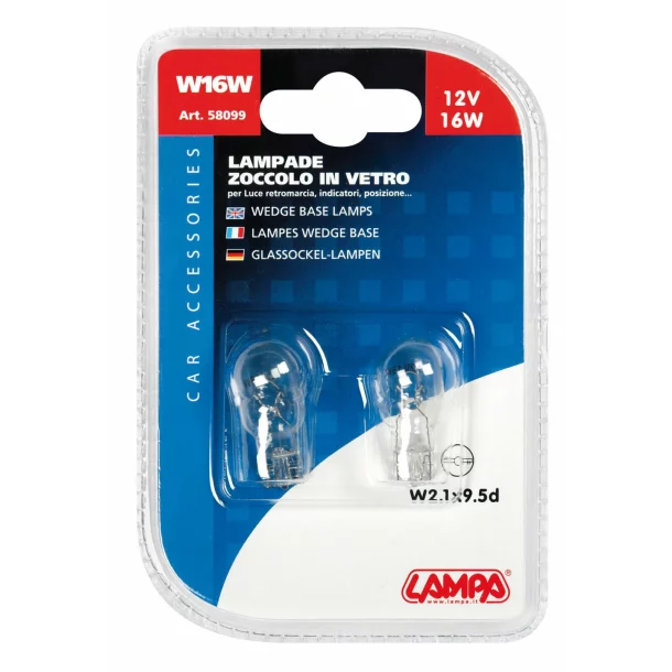 Izzó 12V - W16W - 16W üvegfejes W2,1x9,5d 2db Lampa