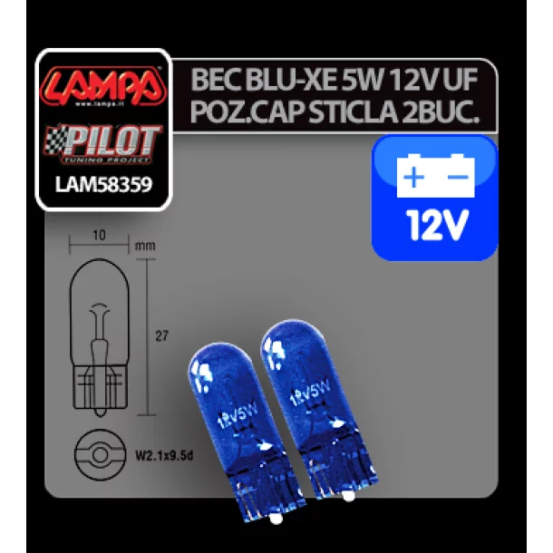 Bec Blu-Xe 5W 12V pozitie cap sticla W2,1x9,5d 2buc