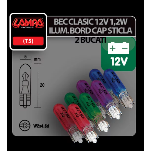 12V Wedge base lamp - (T5) - 1,2W - W2x4,6d - 2 pcs - D/Blister - Purple