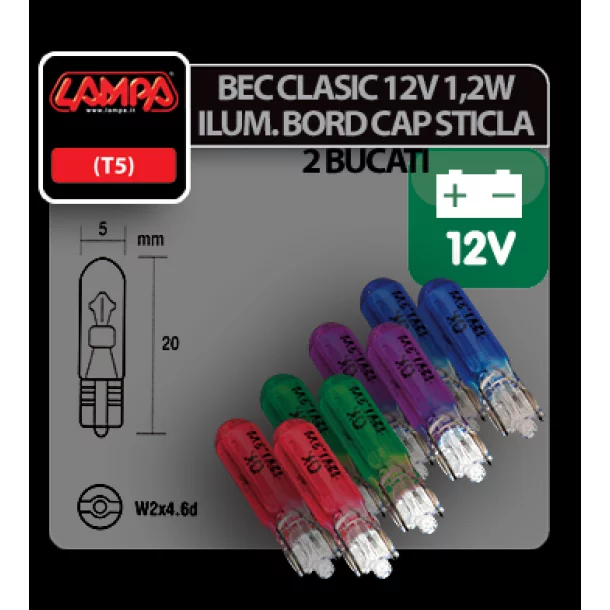 Bec clasic 12V 1,2W iluminat bord cap sticla T5 W2x4,6d 2buc - Violet