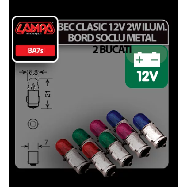 Bec clasic 2W 12V iluminat bord soclu metal BA7s 2buc - Albastru
