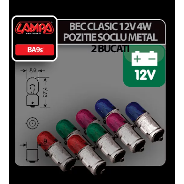 Bec clasic 4W 12V pozitie soclu metal BA9s 2buc - Violet