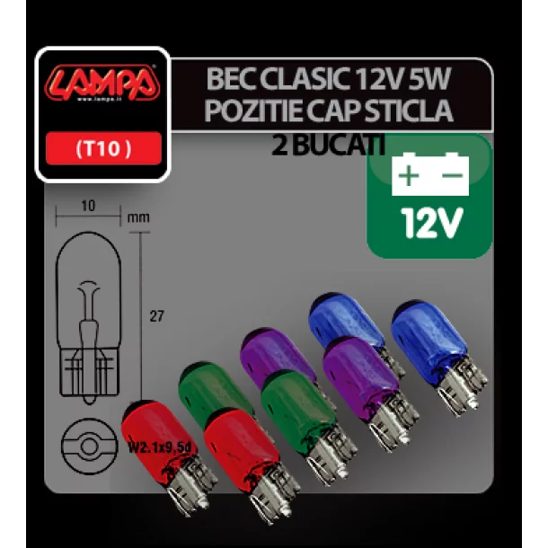 Bec clasic 5W 12V pozitie cap sticla W2,1x9,5d 2buc - Violet