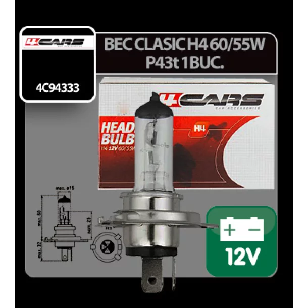 Bec halogen 12V - H4 - 60/55W - P43t 1buc 4Cars
