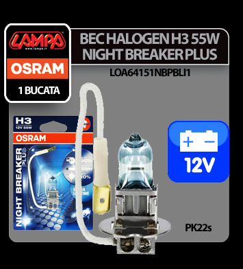 Bec halogen Osram 12V - H3 - 55W Night Breaker Plus PK22s 1buc thumb