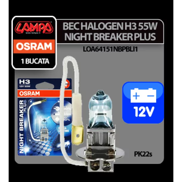 Bec halogen Osram 12V - H3 - 55W Night Breaker Plus PK22s 1buc