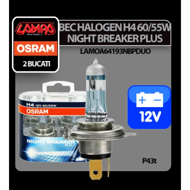 Bec halogen Osram 12V - H4 - 60/55W Night Breaker Unlimited P43t 2buc