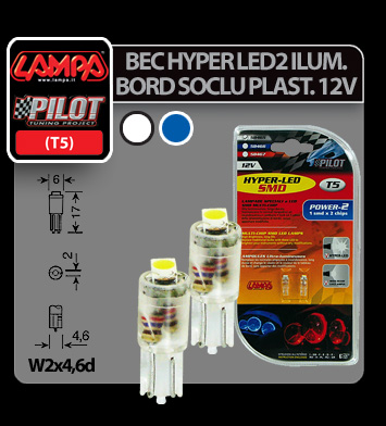 12V Hyper-Led 2 - 1 SMD x 2 chips - T5 - W2x4,6d - 2 pcs - Blue thumb