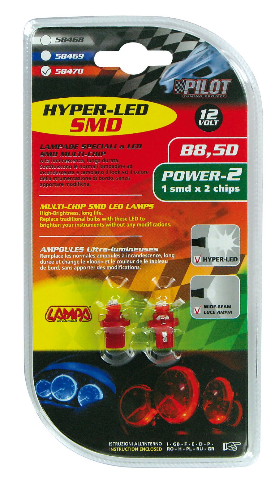 12V Hyper-Led 2 - 1 SMD x 2 chips - B8,5d - 2 pcs - Red thumb