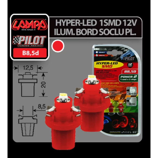 12V Hyper-Led 2 - 1 SMD x 2 chips - B8,5d - 2 pcs - Red