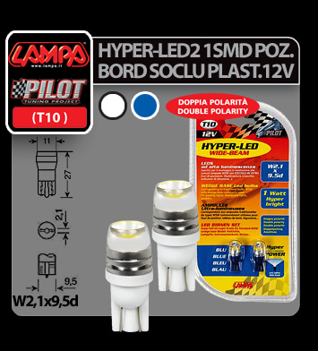 12V Hyper-Led 2 - 1 SMD x 2 chips - T10 - W2,1x9,5d 2pcs - White thumb