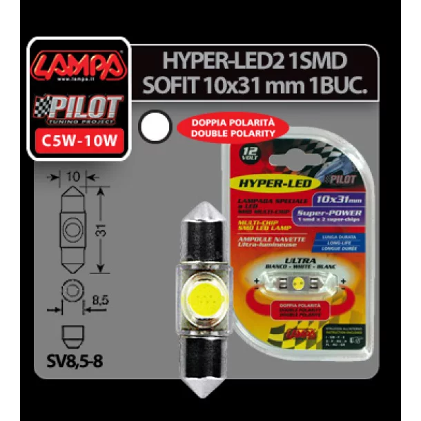 12V Hyper-Led2 - 1SMD szofita 10x31mm - SV8,5-8 - 1 db - Fehér