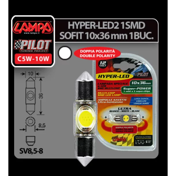 12V Hyper-Led2 - 1SMD szofita 10x36mm - SV8,5-8 - 1 db - Fehér