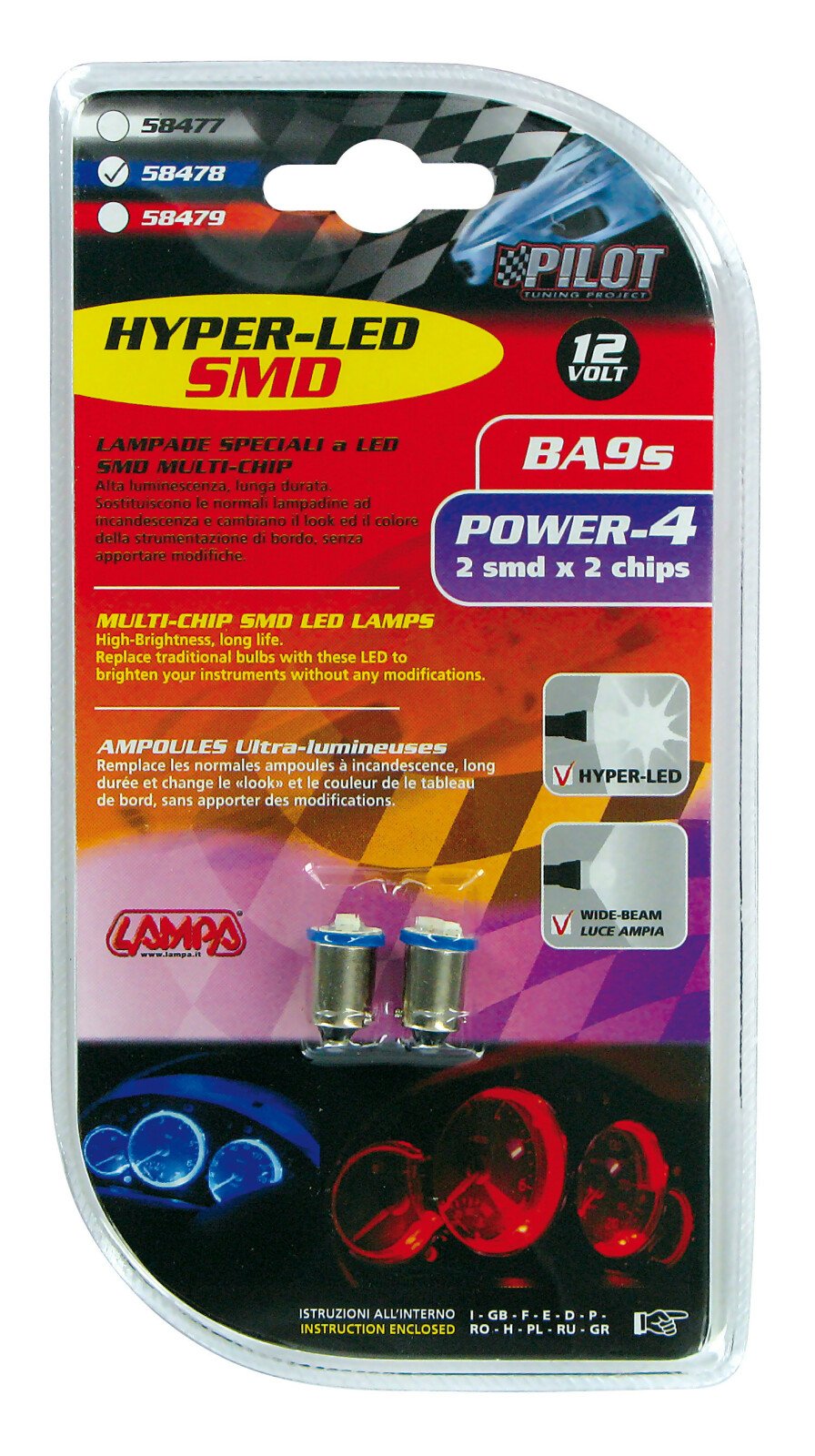 12V Hyper-Led 4 - 2 SMD x 2 chips - BA9s - 2 pcs - Blue thumb