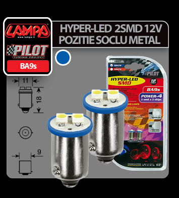 12V Hyper-Led 4 - 2 SMD x 2 chips - BA9s - 2 pcs - Blue thumb