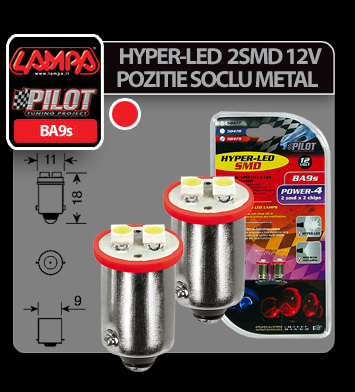 Bec Hyper-Led4 - 2SMD 12V pozitie soclu metal BA9s 2buc - Rosu thumb